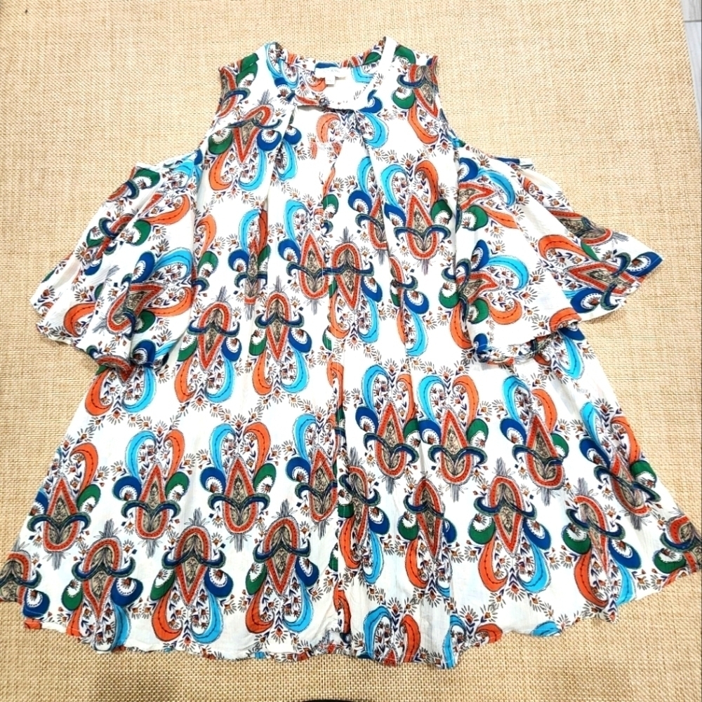 Umgee Boho Colorful Paisley Peasant Babydoll Mini Dress Large Open Shoulder S